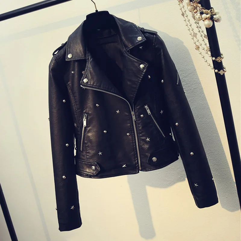 

2019 Spring Autumn Washed Faux Leather Jacket Women Turn-down Collar Zipper Beading Caot Female Motorcycle Leather Jacket
