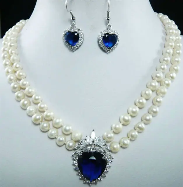 

hot Free shipping7-8mm White Pearl Blue Crystal Pendant Necklace+Earring set (A0423) -Bride jewelry free shipping