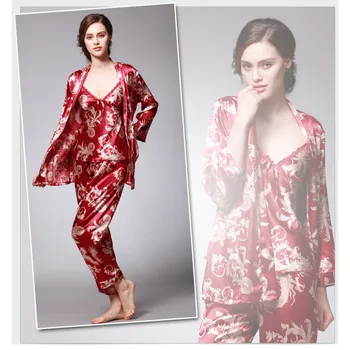 

Women Faux Silk Printed Strap Sleepwear Nightwear Pajamas Robes 3 Piece Suit