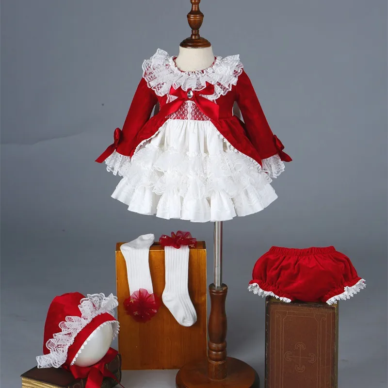 4 предмета, бархатное осенне-зимнее эксклюзивное винтажное испанское платье Детская Юбка-пачка, платье принцессы в стиле Лолиты рождественское праздничное платье для детей - Цвет: whole set