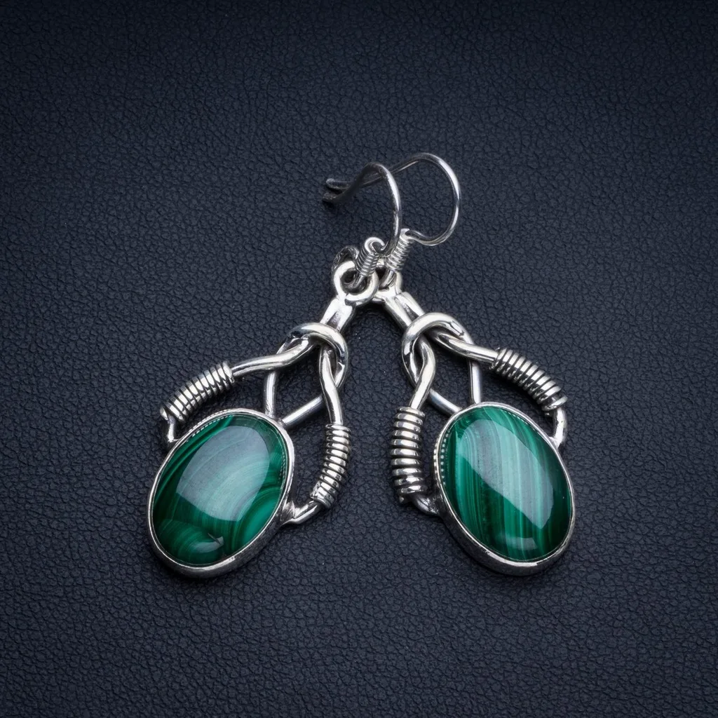 

Natural Malachite Bohemian 925 Sterling Silver Drop Earrings 1 3/4" R2345