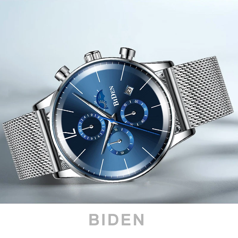 Мужские часы от ведущего бренда класса люкс с синим циферблатом, хронографом, фазой Луны, датой, стальной сеткой, спортивные водонепроницаемые мужские наручные часы, мужские часы