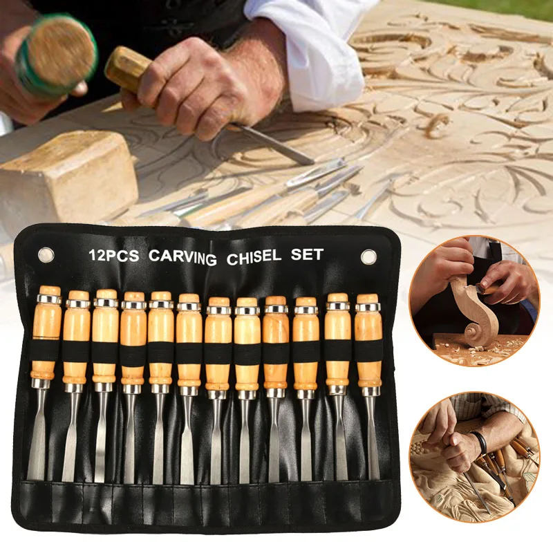 12 Pcs/Set Woodworking Engraving Cutter Tools Suit Carved Wood Hand Tools Engraving Chisel Set DTT88