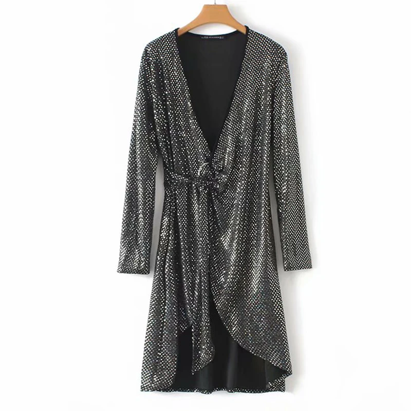 Women's Clothing Dress 2019 Sequin Decoration V-Neck Irregular Wrap Dress Ms Summer Sexy Street Slim Fit Temperament Clothing