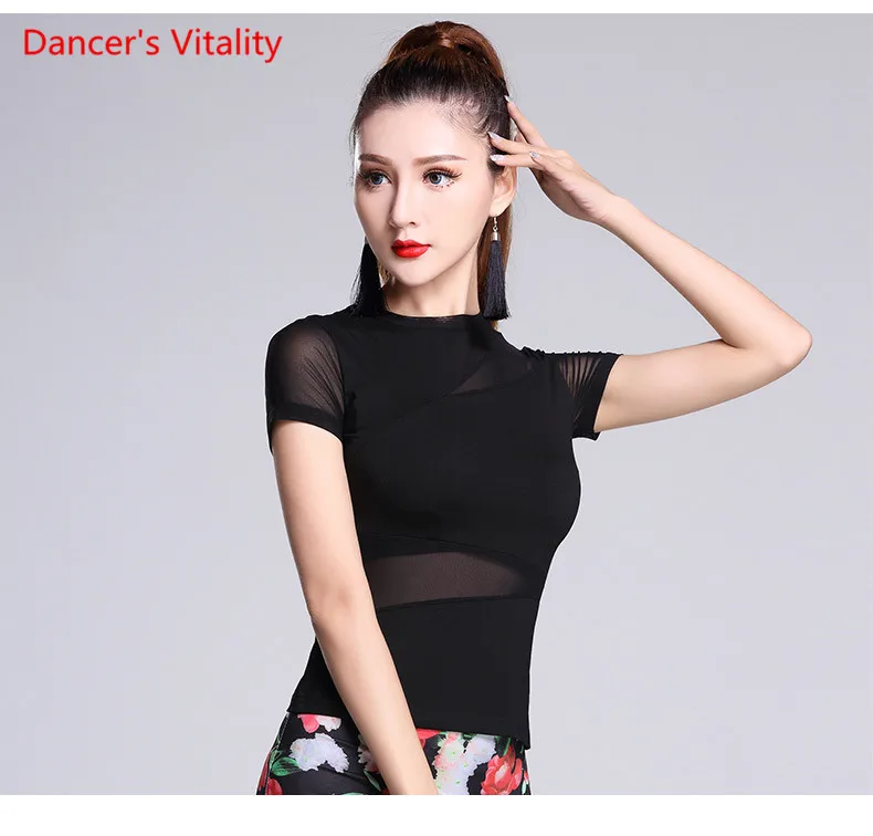 Черный топ для латинских танцев для женщин, сетчатый топ с длинным рукавом, сексуальный костюм для бальных танцев, одежда для латинских танцев