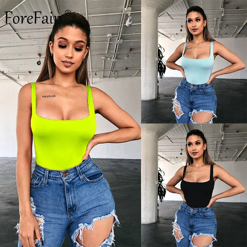 Forefair النيون الصيف الجسم أعلى 2019 الخريف ساحة الرقبة الأساسية أكمام ثوب فضفاض للمرأة بذلة مثير Bodycon ارتداءها النساء