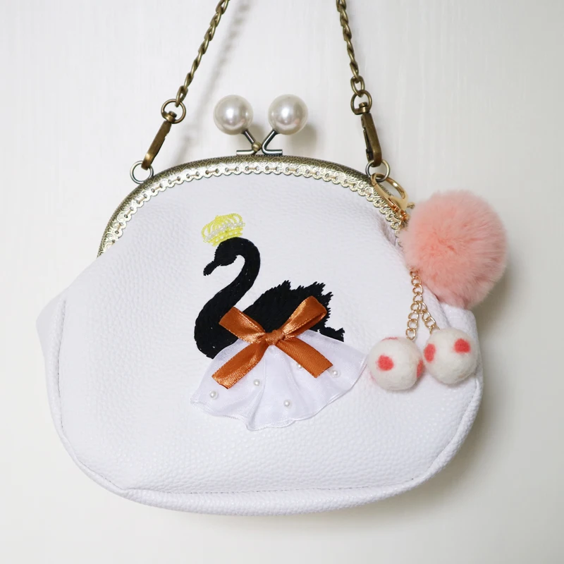 

New Arrival Embroidery Swan Pearl Imperial Crown Diamonds Bow Frame PU Handmade Fur Ball Women Messenger Crossbody Shoulder Bag