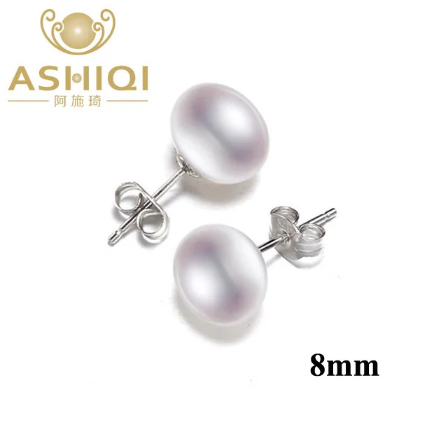 ASHIQI натуральный пресноводный жемчуг серьги гвоздики для женщин Настоящее 925 пробы серебряные ювелирные изделия подарок - Цвет камня: 8mm white