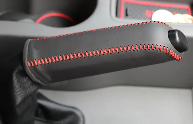 Genuine Leather Hand Brake Cover Protective Sleeve For Ford Focus 2 Black(Red line Stitching