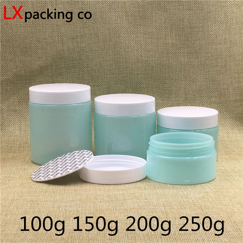 

30 pcs Free Shipping 100 150 200 250 ml Light Blue Plastic Pack Empty Seal Jar white Lid Spice Candy Cream Container Bank