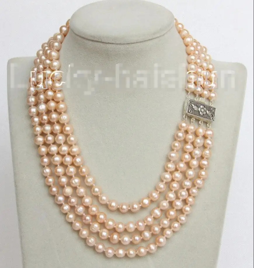 

FREE SHIPPING>>>@@ > Hot sale new Style >>>>>16" 4 Strand 8mm pink FW pearls necklace 925 silver clasp j10681