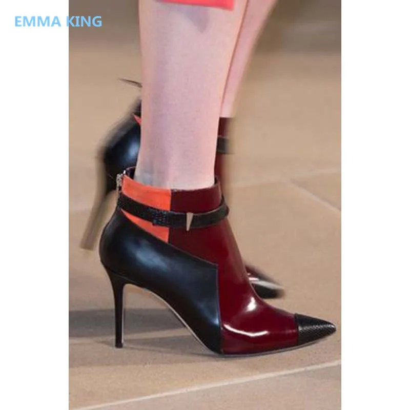 

Pointed Toe Mixed Color Women Ankle Boots Runway Buckle Party High Heels Ladies Shoes Sexy Stiletto Heel Chelsea Boots Mujer
