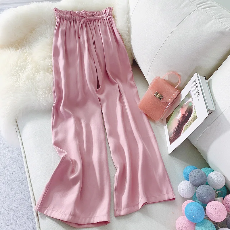 

AcFirst New Spring Women Fashion White Pink Yellow Long Loose Pants Wide Leg Pants High Waist Full Length Female Pants
