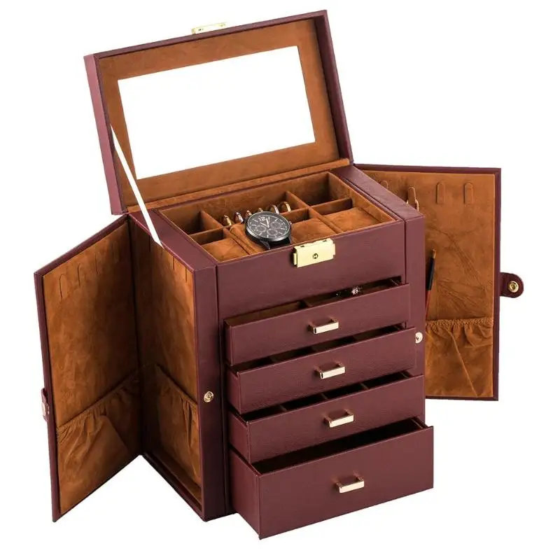 

Faux Leather Jewelry Box Mirror Brown Necklace Ring Storage Lockable Case