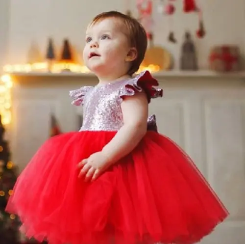 

2018 New Summer Cute Kid Baby Girls Wedding Dresses Red Sequins Pageant Party Formal Tutu Tulle Dress Flying Sleeve Dress 12M-5T