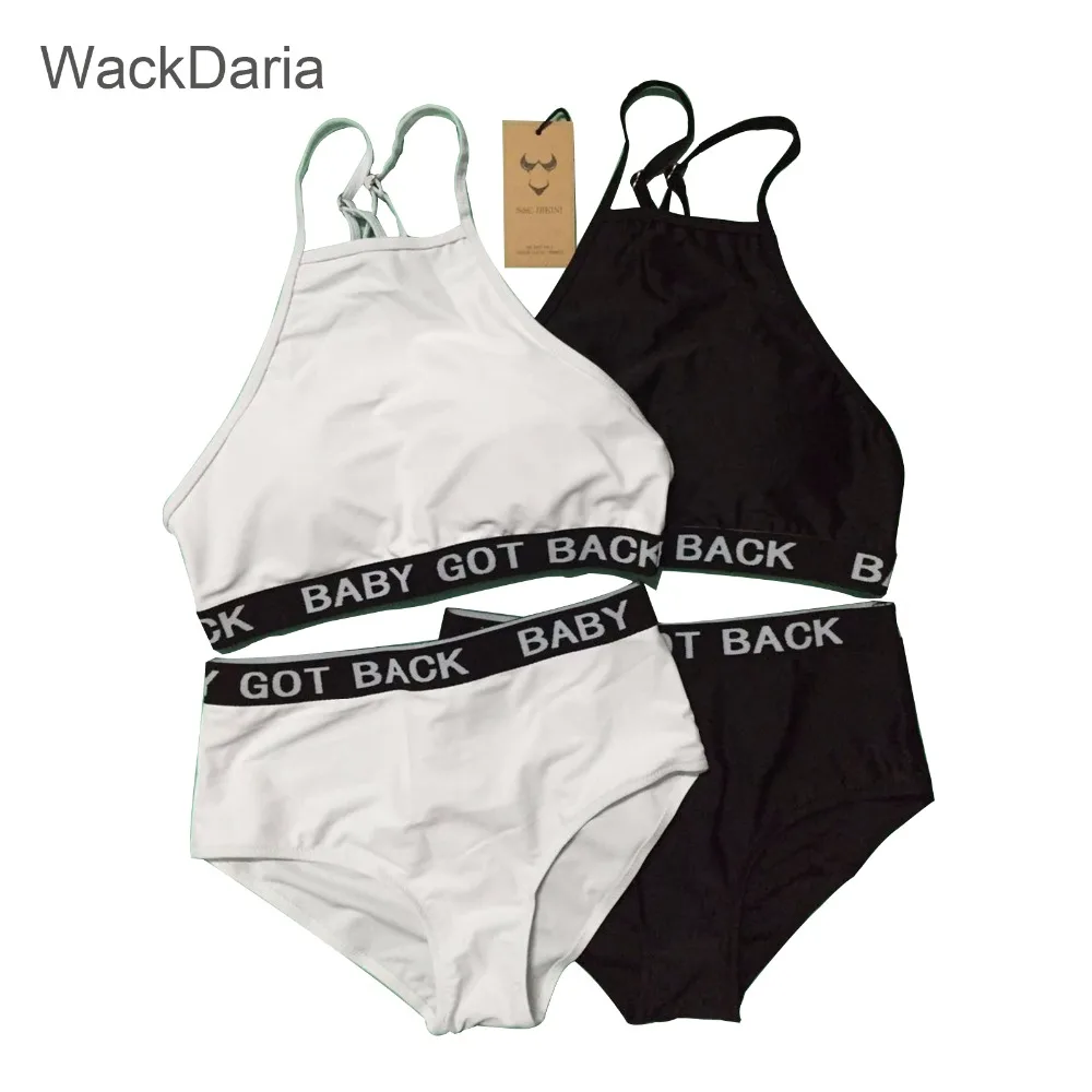 WackDaria God Save Queens Letter Print Black Words Bikini Set Bandage Women Biquini Bathing Suit Monokini Brazilian swimsuits for women