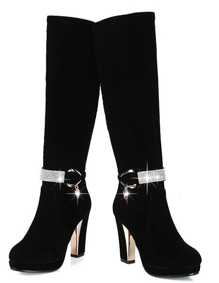 Женские зимние сапоги до колена из нубука с пряжкой на высоком квадратном каблуке, украшенные стразами женские рыцарские сапоги больших размеров, большие размеры 34-43, SXQ0818