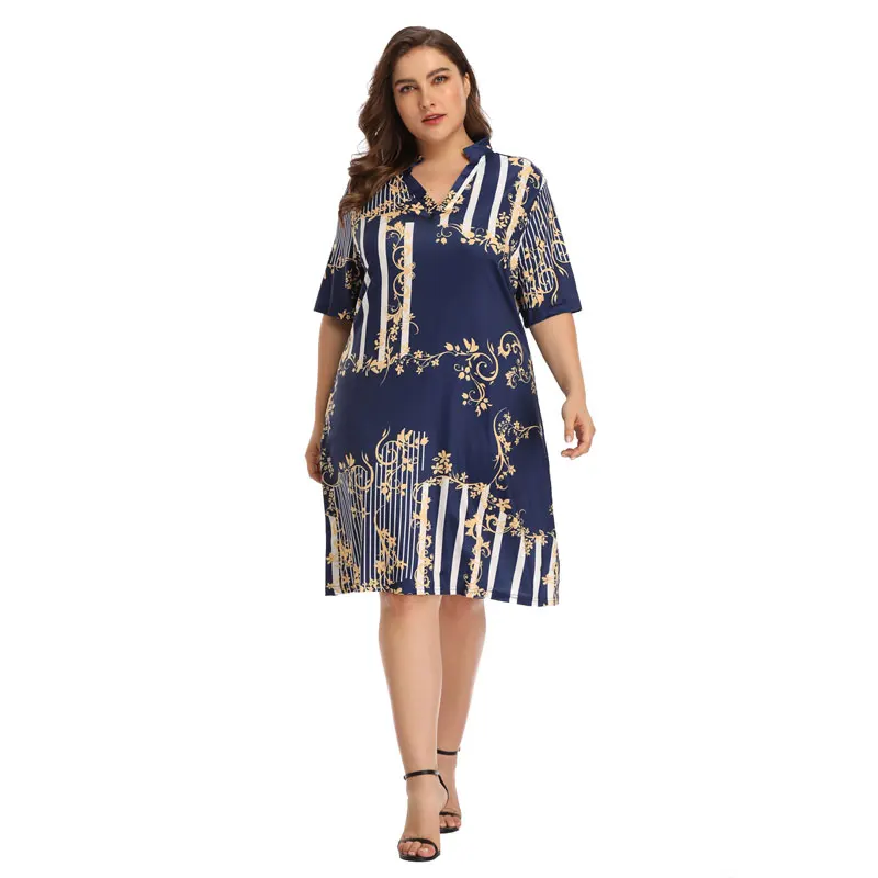 

ECOBROS Big size Dress 2019 Summer New Women Dress Loose half sleeve V neck printed Dress Plus Size Fat MM Women Clothing