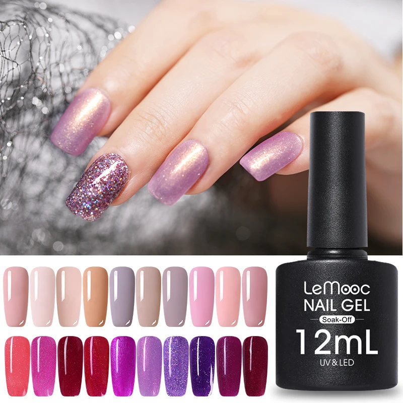 LEMOOC, 12 мл, Цветной Гель-лак для ногтей, блестки, фиолетовые, красные, Серебристые цвета, впитывающий УФ-Гель-лак для дизайна ногтей