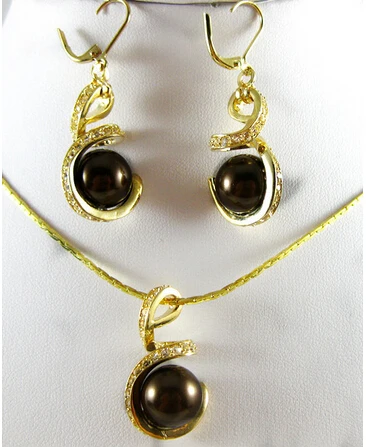 

h477 AAA 12 mm Brown South Sea Shell Pearl Necklace Earrings E-480 18k yellow gold filled>Lovely Women's Wedding Jewelry Pretty