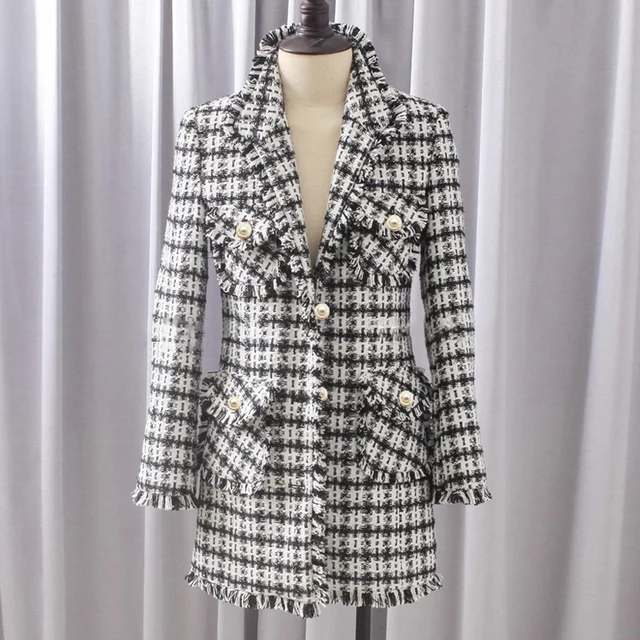 Black/White Plaid Tweed Jacket 2018 Autumn/Winter Women's Jacket Lapel ...