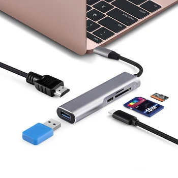 

Aluminum Alloy HD Type-C Hub Adapter USB-C Hub Adapter Dock 5 in 1 Hub SD/TF Card Reader Power Delivery Adapter
