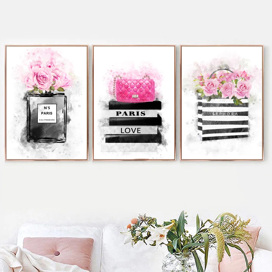 

Watercolor Perfume Paris Rose Flower Wall Art Canvas Painting Nordic Posters And Prints Wall Pictures For Living Room Decor