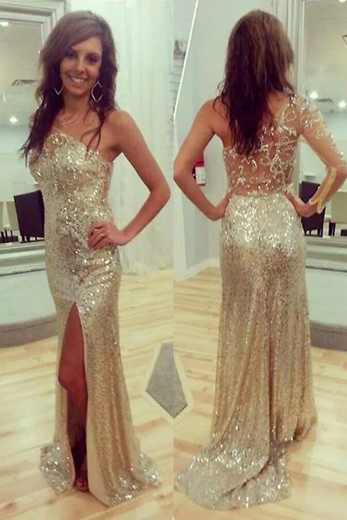 Sex Gold One Shoulder Beaded Illusion Back Floor Length High Split