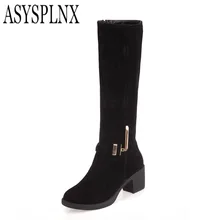 

Nubuck Flock leather Brown round toe Square heel women knee hjgh Martin boots,2014 Autumn fashion metal buckle ladies shoes