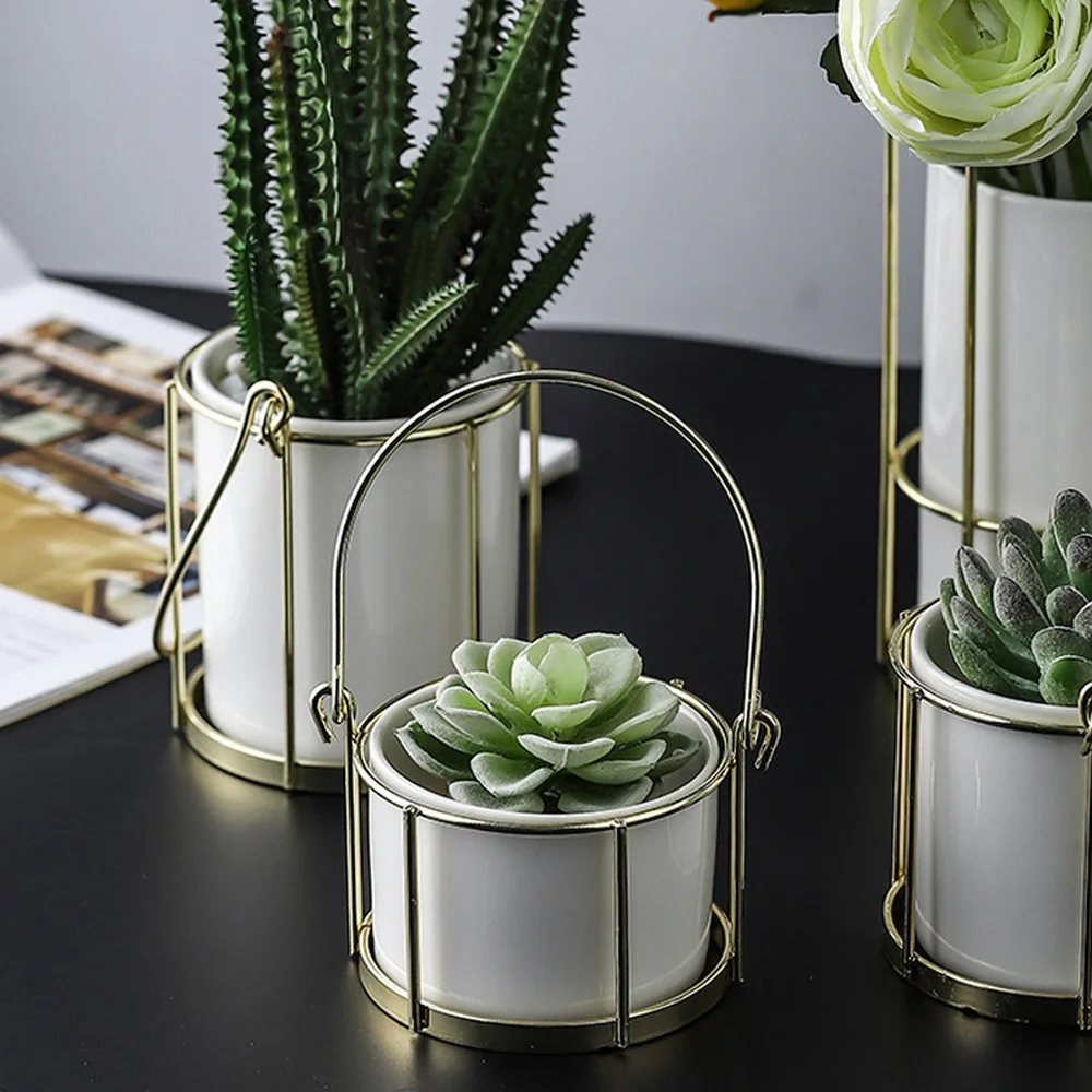 

Nordic Minimalism Style Vase Tabletop Golden Iron Ceramics Art Vase Portable Flower Pot Home Room Decor No Plant