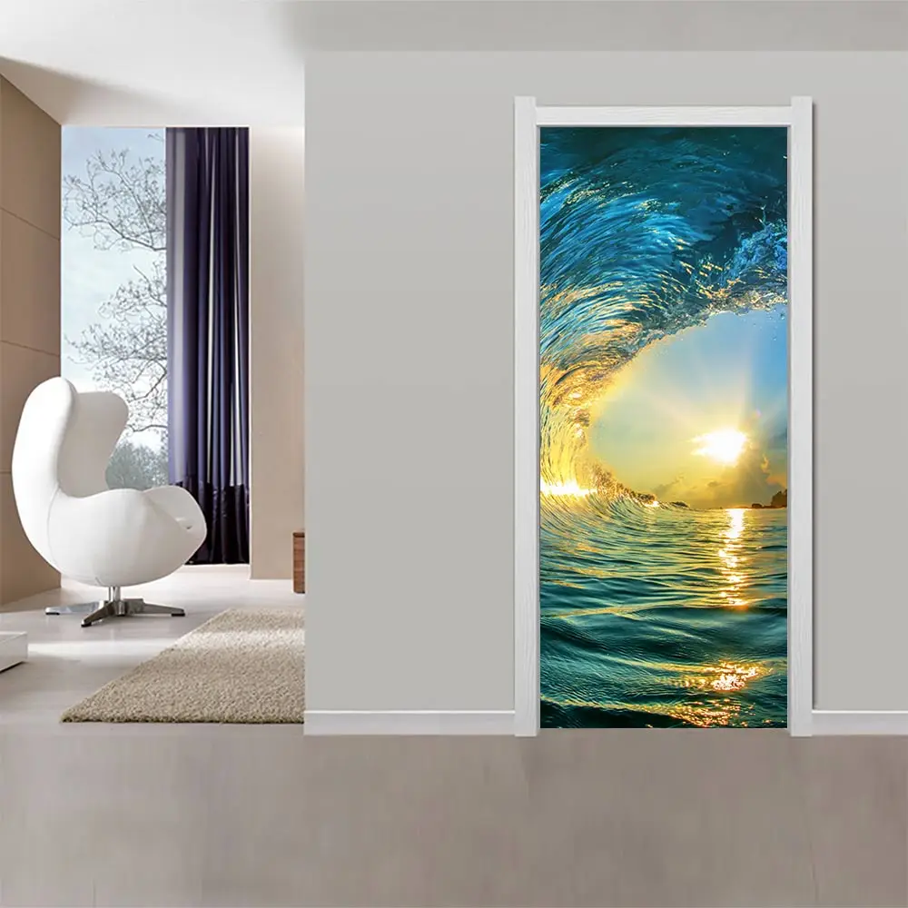 

Popular 3D Door Stickers Sea Wave Poster Wall Decal Door Mural Art Bedroom Door Waterproof PVC Sticker Wallpaper DIY Home Decor