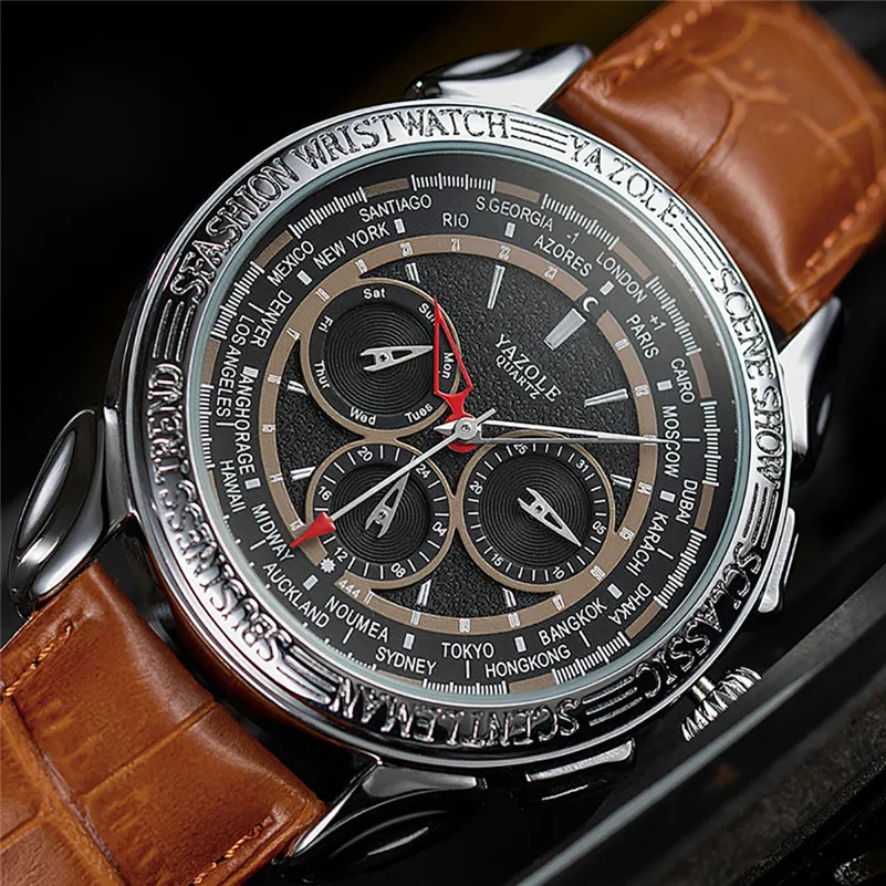 

Hot Luxury Men Watches Classic Fashion Business Quartz Watch Three Eye Six Needle Leather Belt Wristwatch Relogio Masculino `D