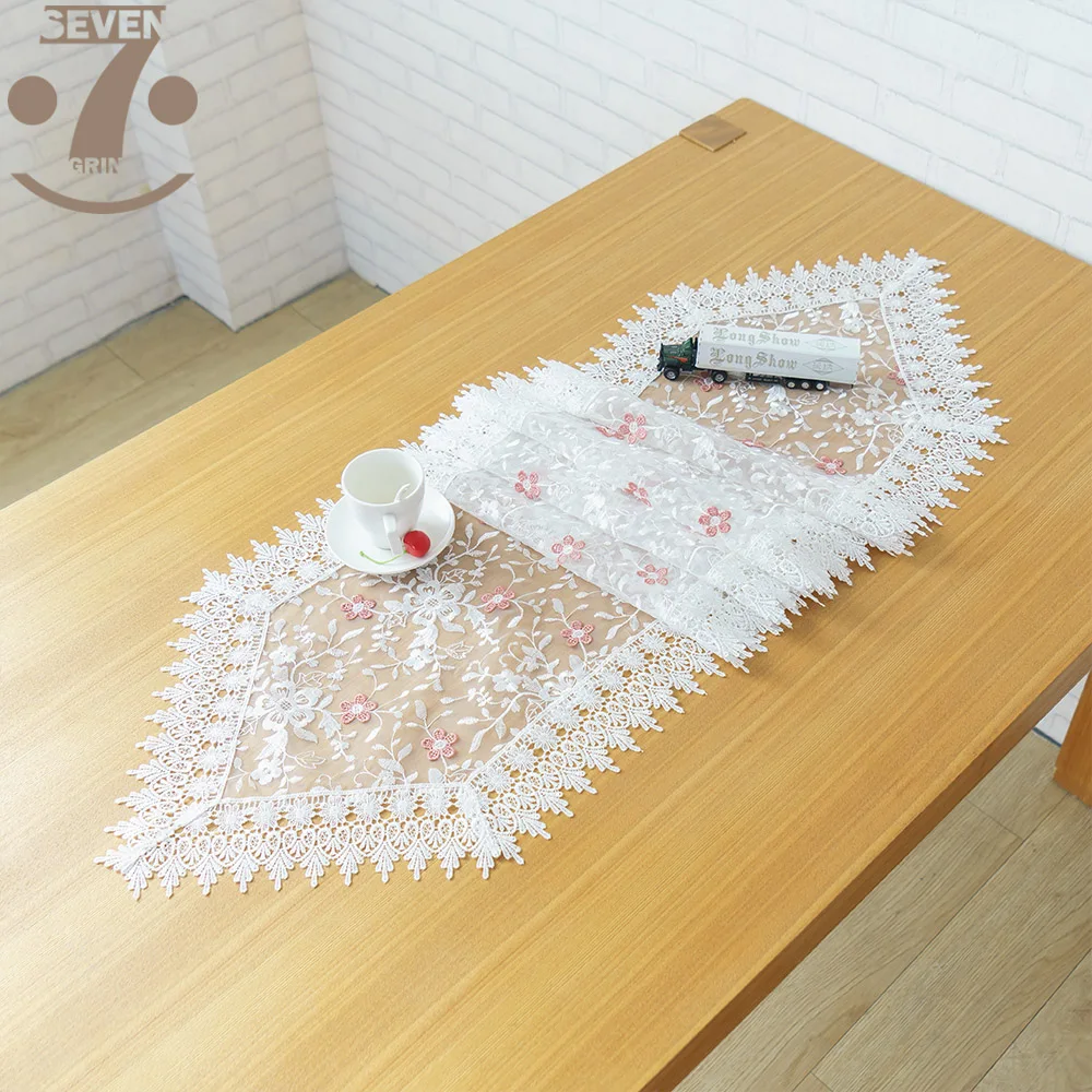 

Free Shipping Home Decorative Dining Banquet Birthday Festival Embroidered White Colour Lovely Flowers Table Runner