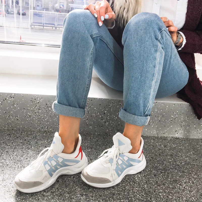 Женские кроссовки на шнурках, с вулканизированной подошвой, повседневные кроссовки на платформе, с сеточкой, теплые зимние туфли, "папины кроссовки", размер 43
