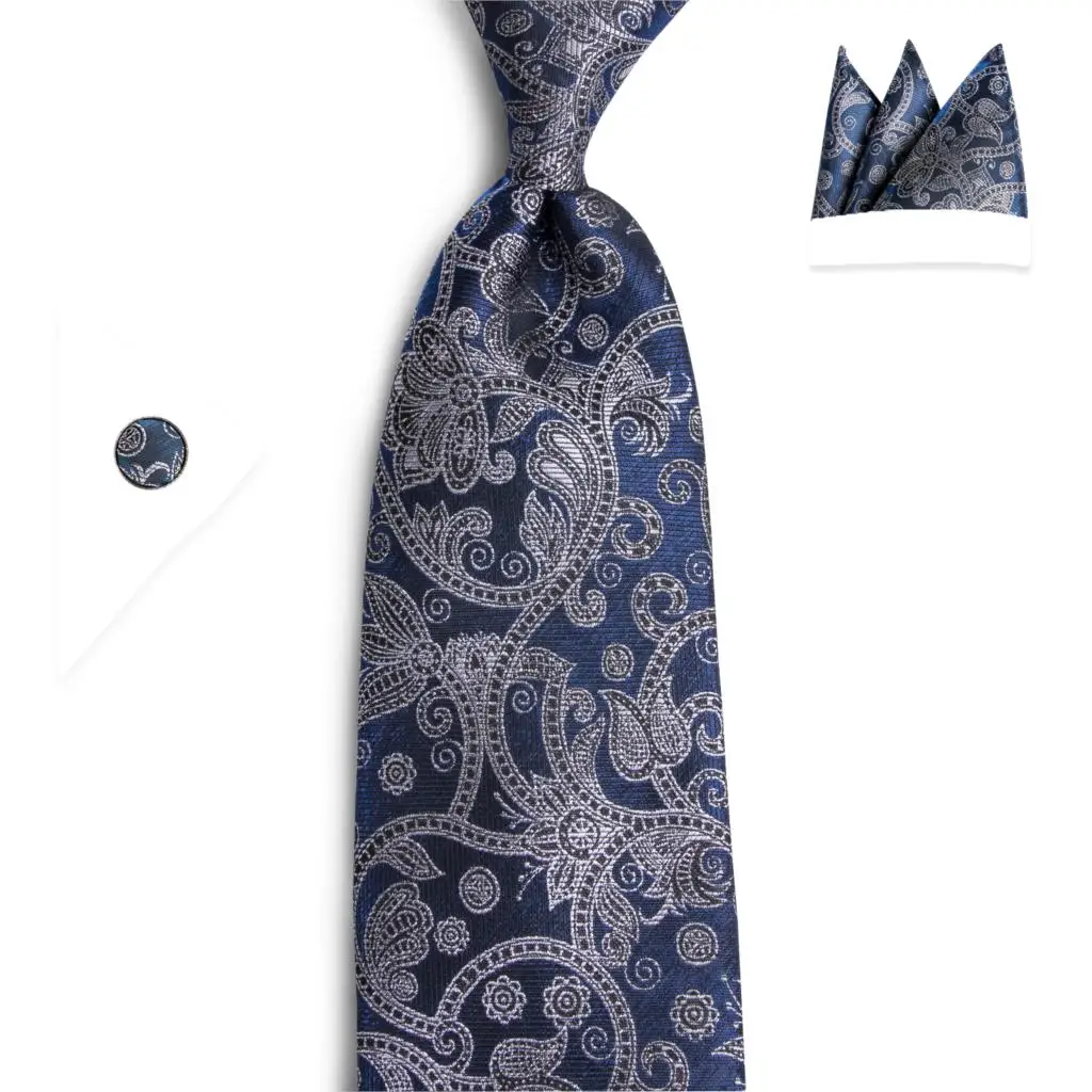 DiBanGu дизайнерские 160 см Синие Серые Галстуки шелк Цветочный галстук носовой платок запонки галстук для мужчин бизнес Свадебный галстук набор MJ-7507
