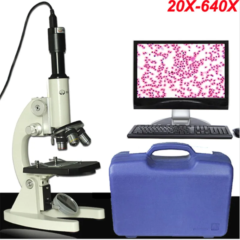 40X-1280X Professional USB Biological Microscope LEDs  Students Educational Science Lab Monocular Microscop Metal +1.3MP