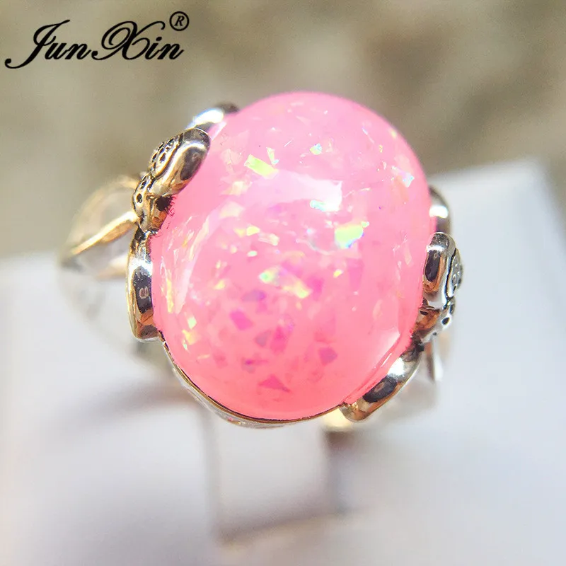 JUNXIN роскошный большой камень женский мужской кольцо синий/розовый/белый огненный опал кольца для мужчин и женщин античный серебряный цвет Пары обручальное кольцо