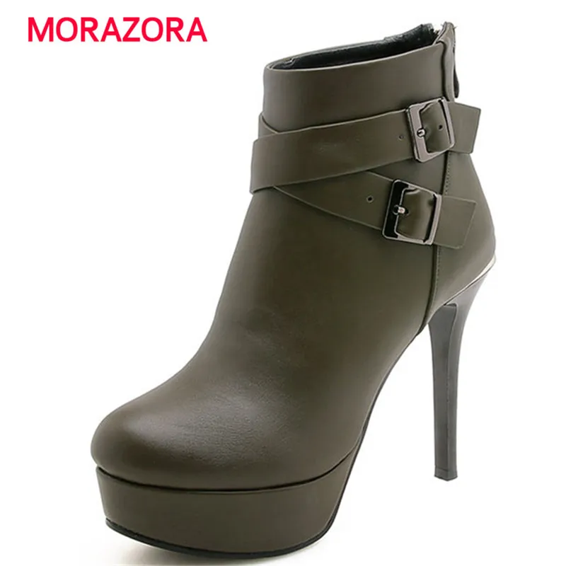 

MORAZORA big size metal decoration zip ankle boots for women sexy super high heel platform boots high quality pu leather boots