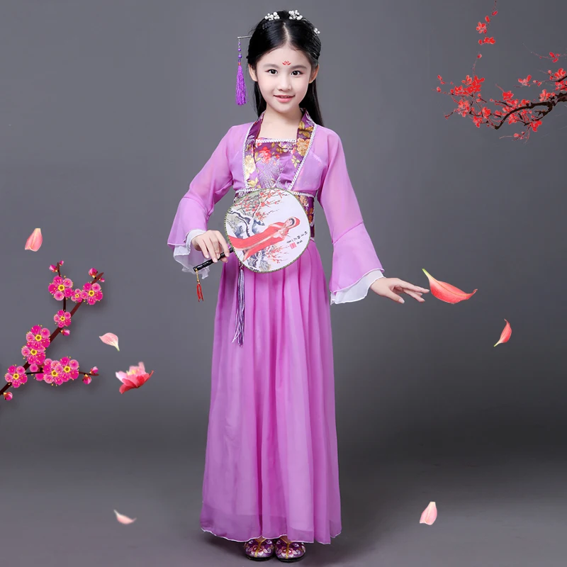 Традиционный Древний китайский костюм для девочек, традиционное китайское платье Тан ханьфу, детская одежда, костюм феи для танцев, для детей - Цвет: Purple