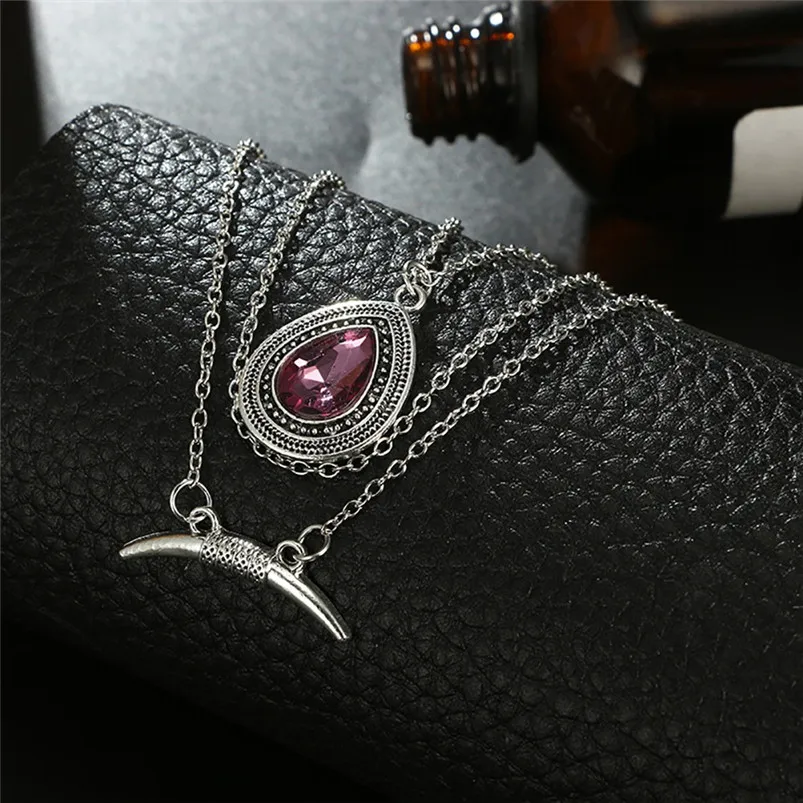 Fashion Trend Crescent Drop Gem Bohemian Style Multi-layer Necklace Choker Party Pendant Jewelry chain Necklace F13 (5)