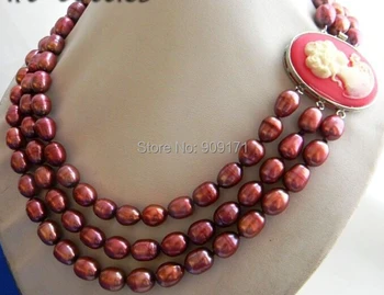 

Free Shipping>>>>> 3Strands 17'' 9.5mm Red Rice Freshwater Pearl Necklace