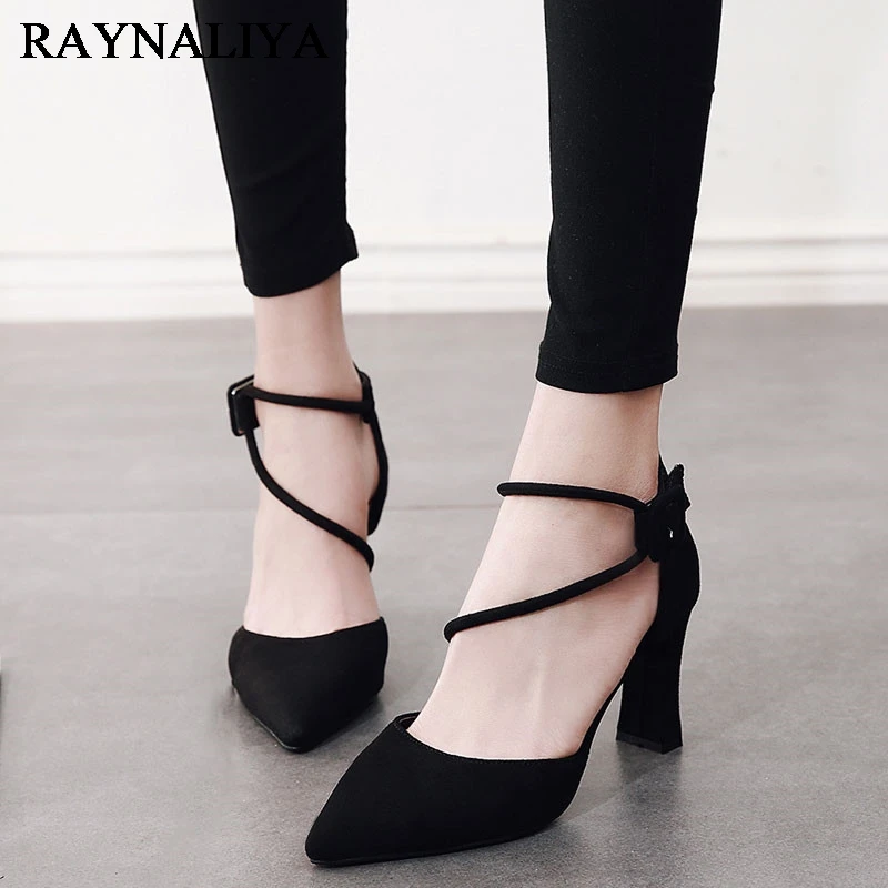 

Flcok Ankle Band Strap Woman Party Pumps Black Shoes Cross Band Black Point Toe 7cm Thick Heels Female Summer Pumps CH-A0081