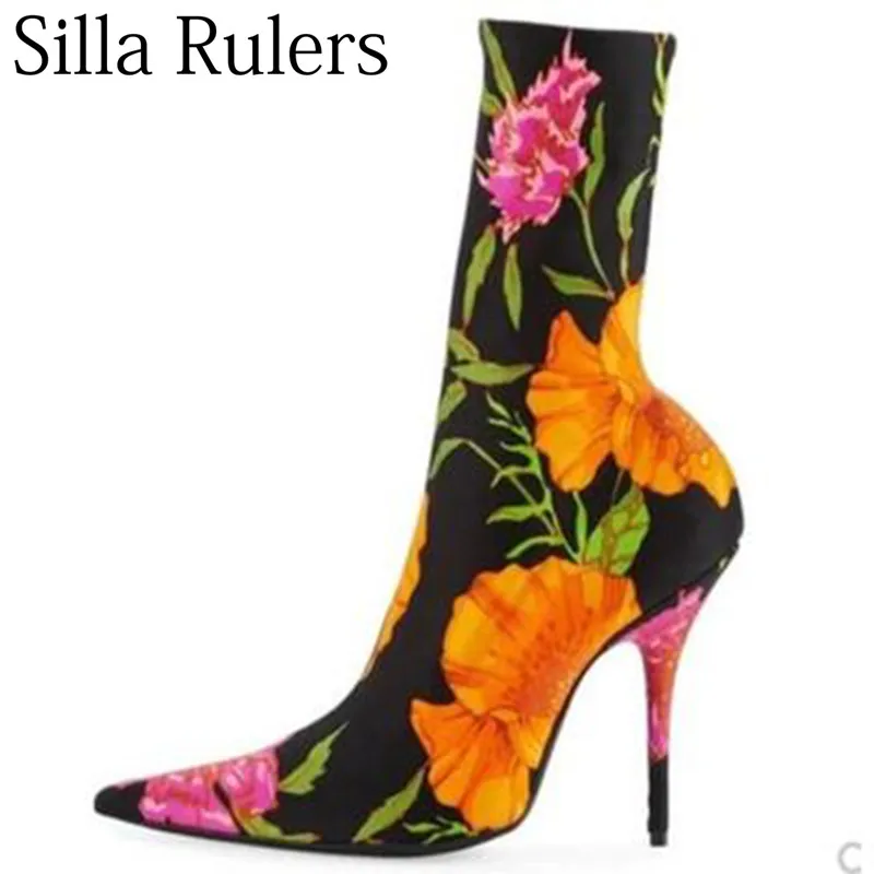 

Silla Rulers 2018 New Sexy Stretch Boots Woman Silk Pointed Toe Thin Heels Women's Short Boots Slip On Lean Leg Boots Woman