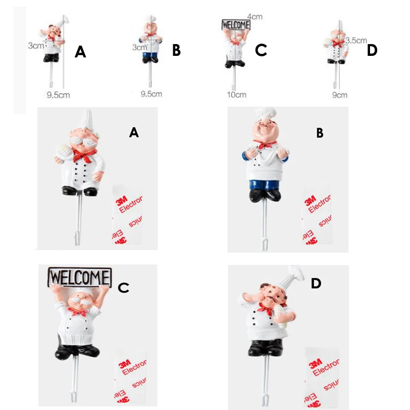 Resin Stainless Steel Hook Creative Wall Decoration Glue No Trace Hook Kitchen Bathroom Cute Chef Shape Strong Key Hooks (6)