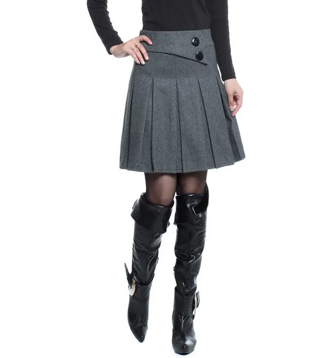 Gray Skirt Теплые зимние юбки женские осенние размера плюс Пуговицы декоративные молнии закрытые серый черный цвет базовые плиссированные шерстяные юбки - Цвет: Gray Skirt