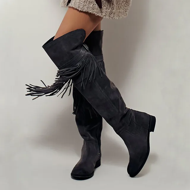 grey suede flat knee high boots