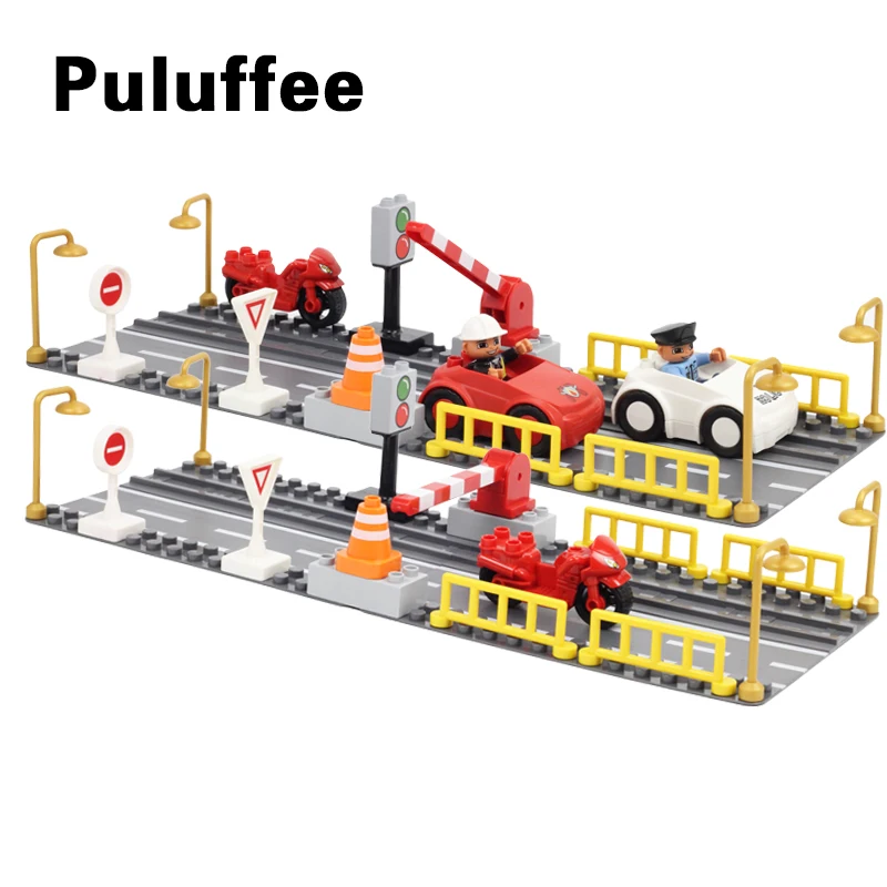 

City Highway Road Railway Track Train Blocks Baseplate Compatible With Duplo Motorcycle Road Sign Traffic Light Parking Pole Toy