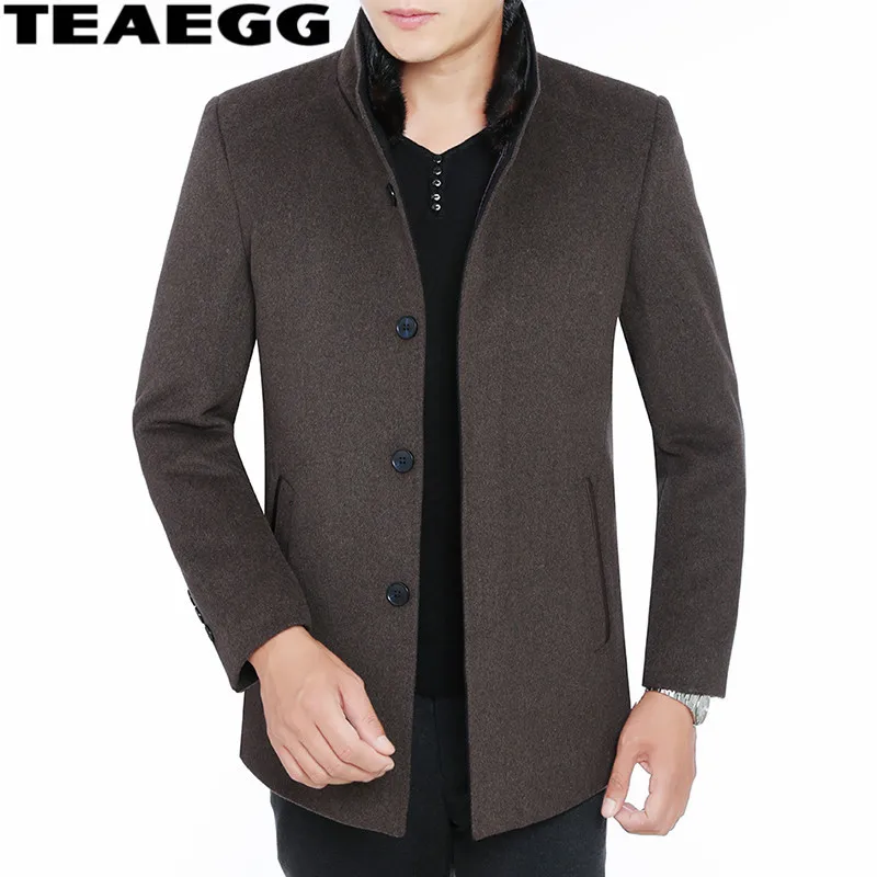 TEAEGG New Casual Khaki Wool Mens Overcoat Parkas 2017 Stand Collar