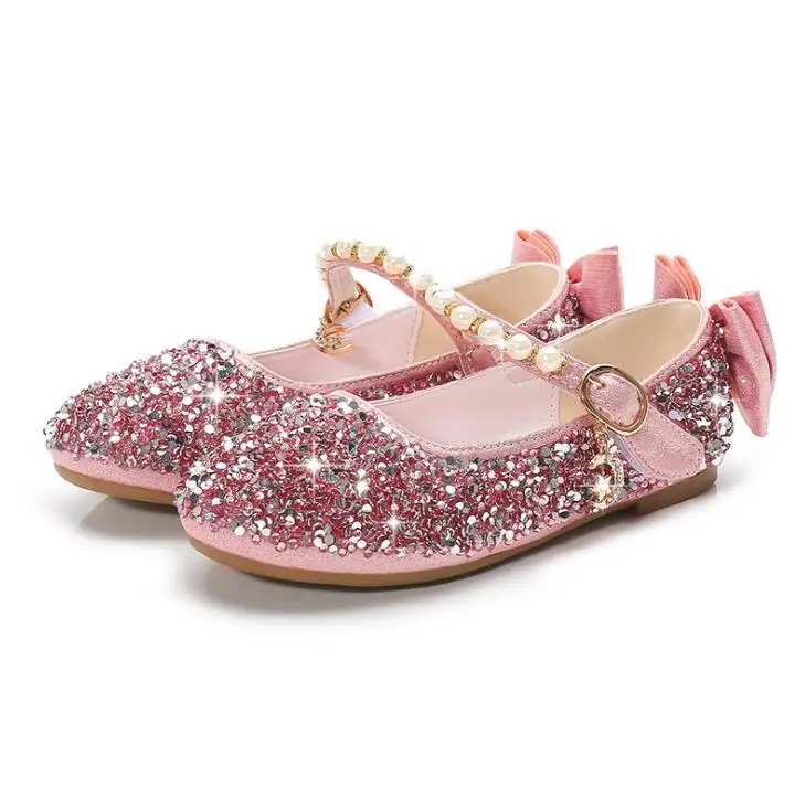 

Girls Wedding Shoes 2019 New Spring PU Bow Low Heel Rhinestones Princess Shoes for Kids Pink Girls Shoes Leather Silver