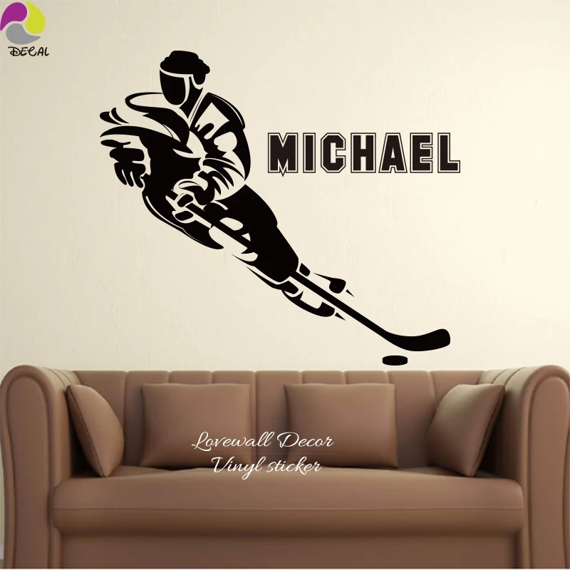 Custom name Ice Hockey Wall Sticker Baby Nursery Big Personalized Boy Name Sport Floorball Player Wall Decal Children Room Vinyl